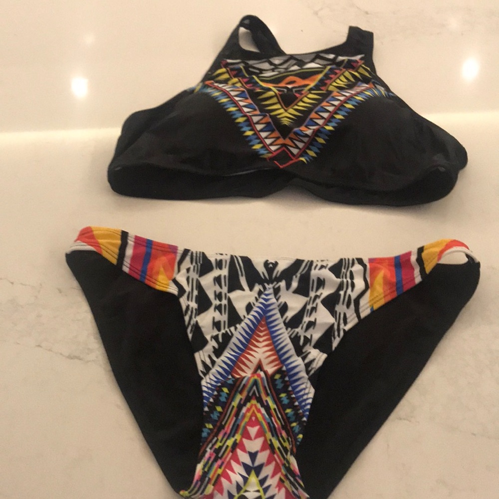 Black Tribal Print High Neck Bikini Set - Women Swim